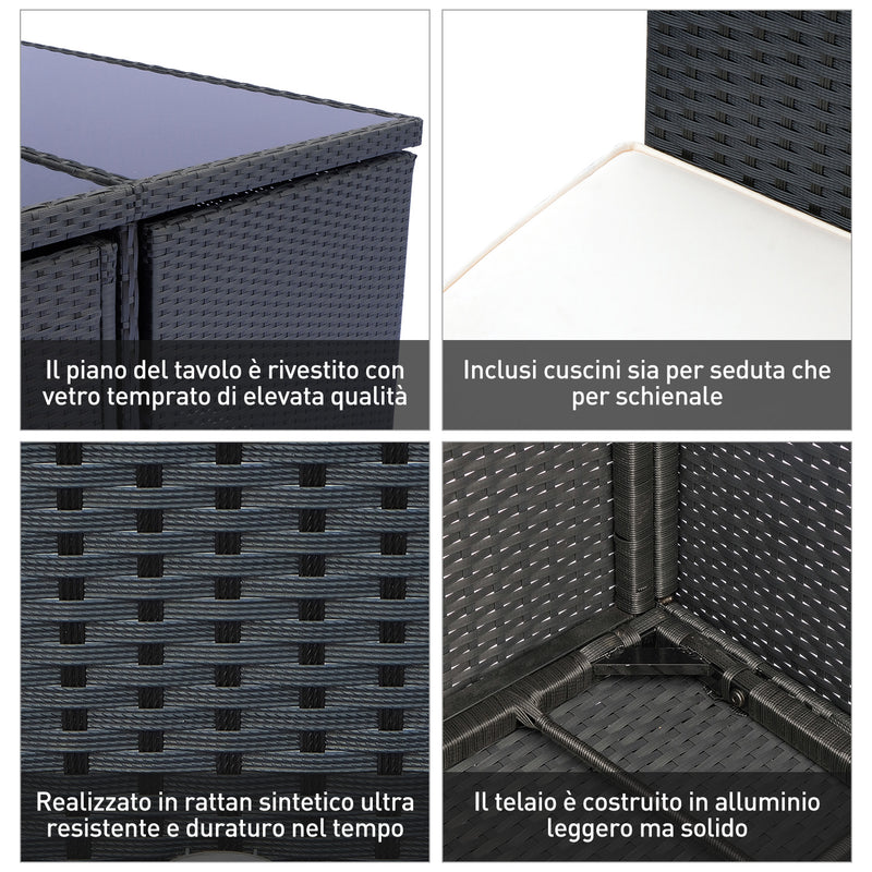 Set Tavolo e 6 Sedie da giardino in Alluminio e Rattan Sintetico 4 Poggiapiedi e Cuscini Nero -9