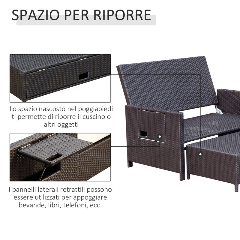 Divano da Giardino con Panca Poggiapiedi 130x72x96 cm in Rattan Marrone-7