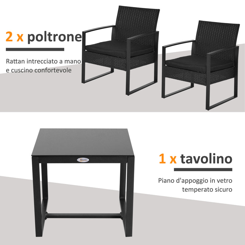 Set Tavolino e 2 Sedie da giardino in Rattan Sintetico con Cuscini Nero -5