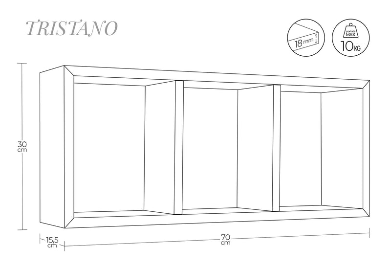 Mensola Rettangolare 3 Scomparti da Parete 70x30x15.5 cm in Fibra di Legno Tristano Nero-4