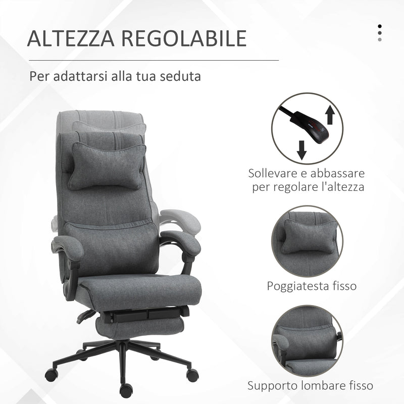 Sedia Poltrona Presidenziale da Ufficio 66x70x115-123 cm con Poggiapiedi in Tessuto Effetto Lino Grigia-4