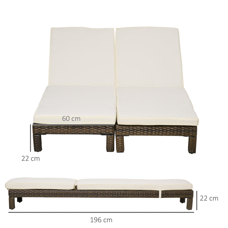 Set 2 Lettini Prendisole 196x60x22 cm in Rattan PE Marrone e Bianco-3