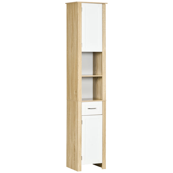 Mobile Bagno Alto 1 Cassetto 2 Armadietti 2 Ripiani 37x30x184 cm in Truciolato Bianco e Legno Naturale prezzo