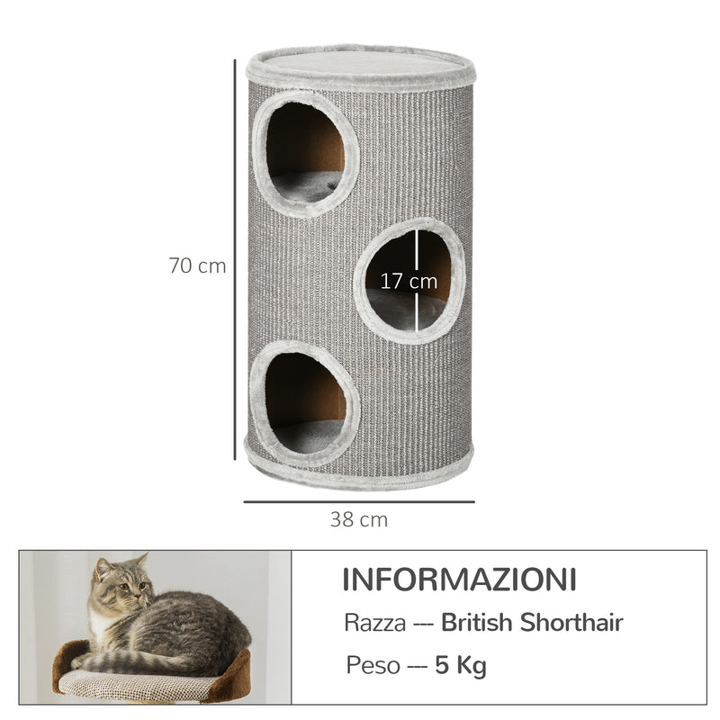 Cuccia per Gatti Tiragraffi 3 Ripiani Ø38x70 cm in Sisal e Peluche Grigio Chiaro-3