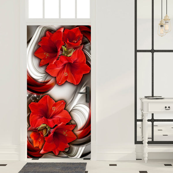 prezzo Carta Da Parati Fotomurale Per Porta - Abstraction And Red Flowers I 100x210cm Erroi