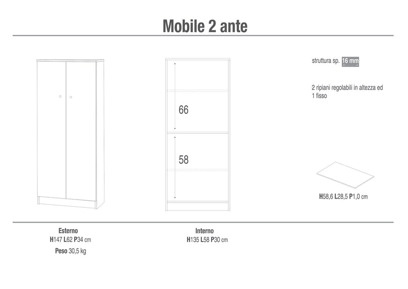 Mobile 2 Ante 62x147x34 cm Bianco Lisco-2