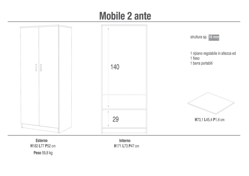 Armadio 2 Ante 77x182x52 cm Bianco Lisco-2