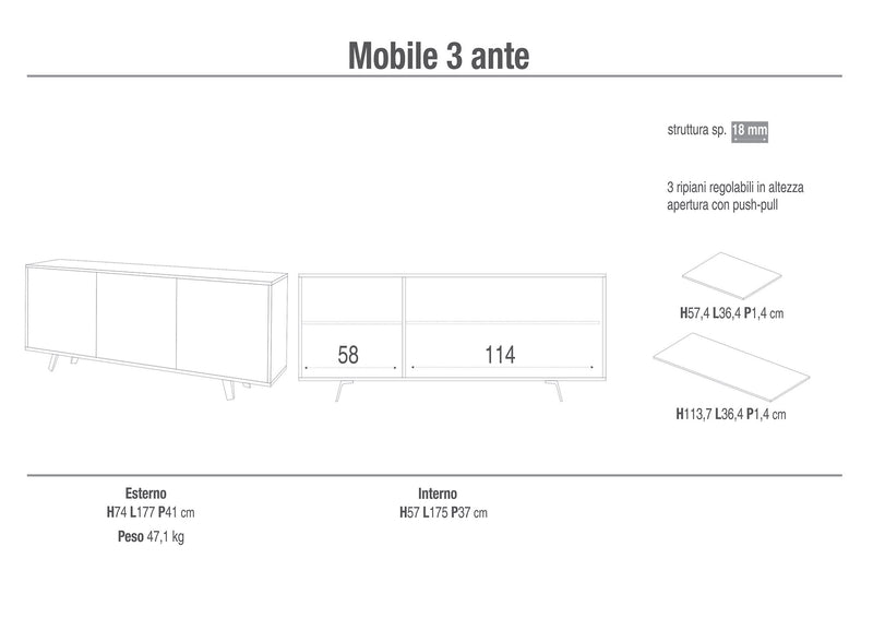 Mobile 3 Ante 177x74x41 cm Cemento/Ossido Bianco-2