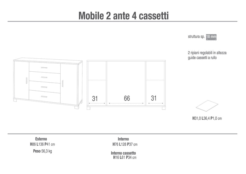 Mobile 2 Ante 4 Cassetti 136x86x41 cm Cemento/Ossido Bianco-2