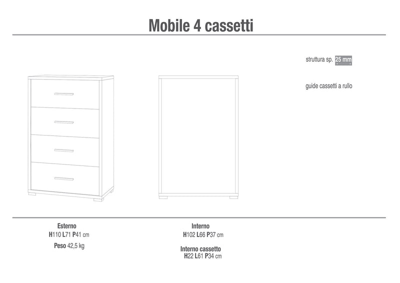 Cassettiera con 4 Cassetti 71x110x41 cm Cemento/Ossido Bianco-2