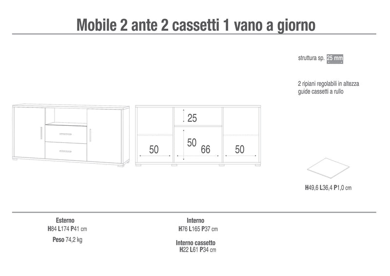 Mobile 2 Ante 2 Cassetti 174x84x41 cm Cemento-2