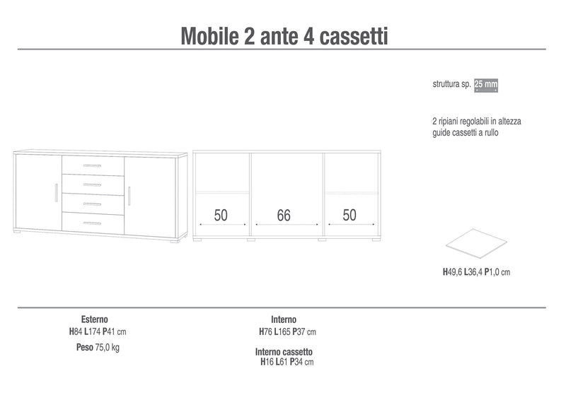 Mobile 2 Ante 4 Cassetti 174x84x41 cm Cemento/Ossido Bianco-3