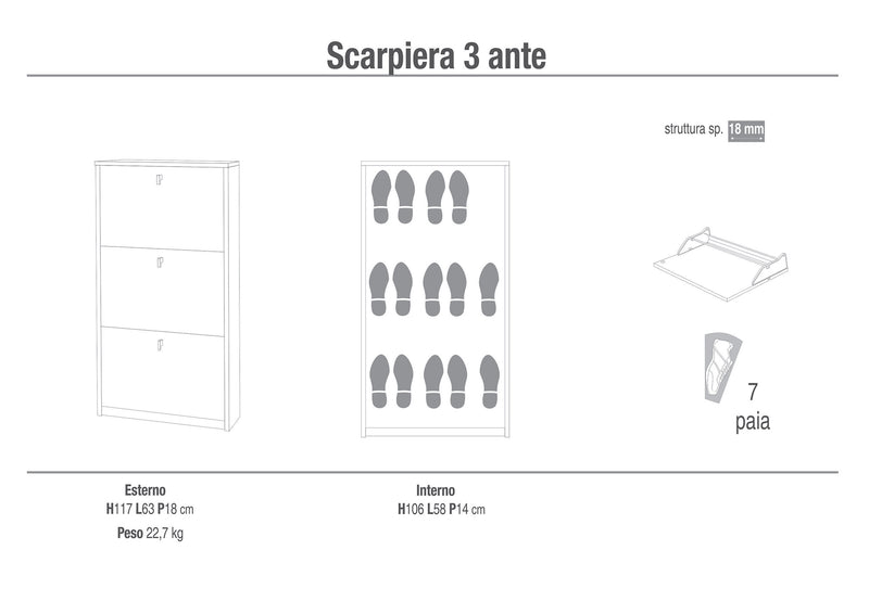 Scarpiera 3 Ante 63x117x18 cm Cemento-2