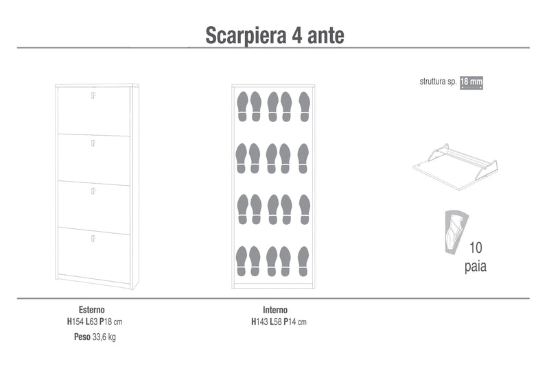 Scarpiera 4 Ante 63x154x18 cm Ossido Bianco-2