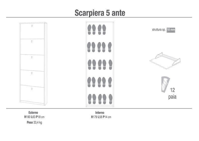 Scarpiera 5 Ante 63x190x18 cm Cemento-2