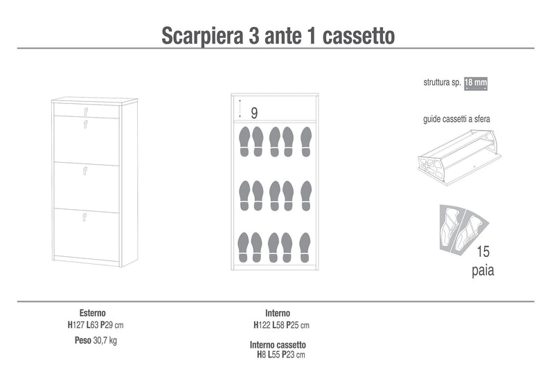 Scarpiera 3 Ante 1 Cassetto 63x127x29 cm Ossido Bianco-5