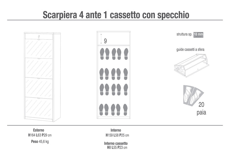 Scarpiera 4 Ante con Specchio 1 Cassetto 63x164x29 cm Ossido Bianco-2