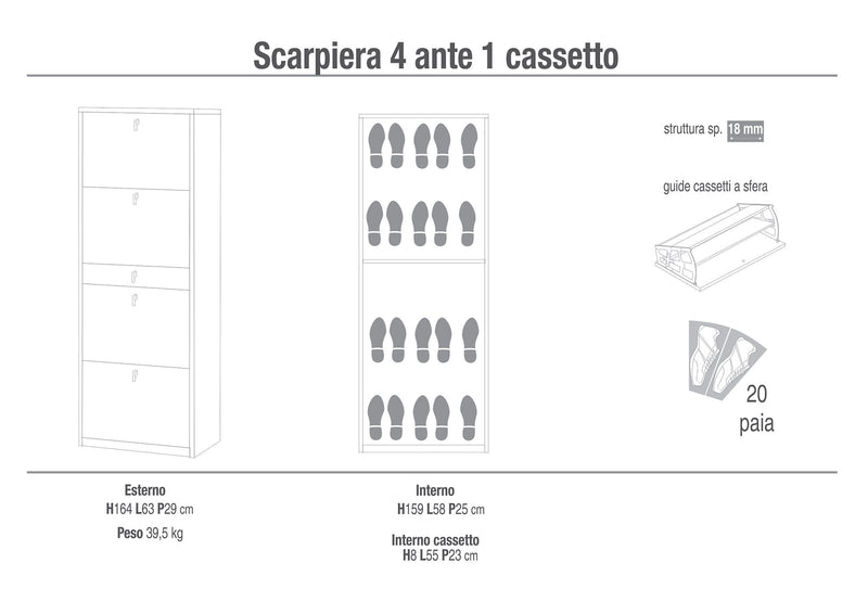 Scarpiera 4 Ante 1 Cassetto 63x164x29 cm Olmo Chiaro-2