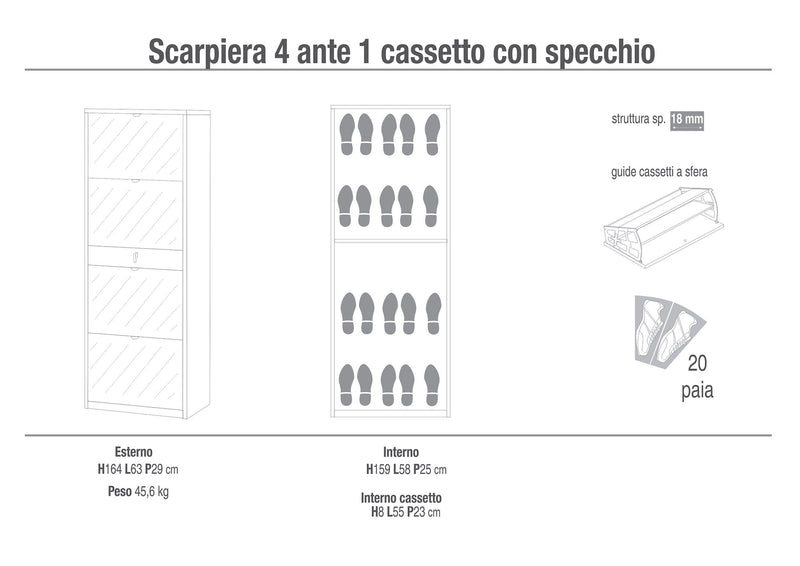 Scarpiera 4 Ante con Specchio 1 Cassetto 63x164x29 cm Ossido Bianco-2