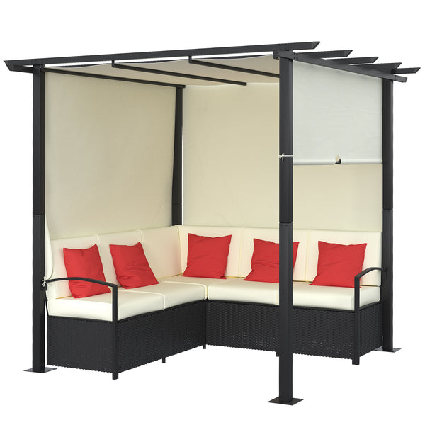 sconto Set Salotto da Giardino Divano Angolare con Pergola Gazebo in Rattan Nero e Beige