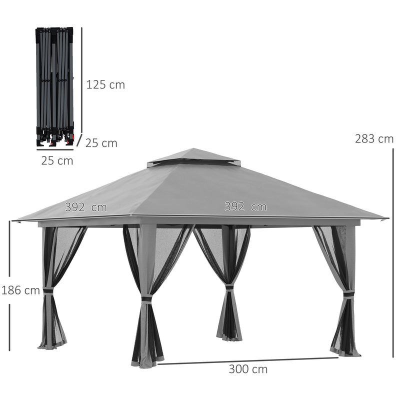 Gazebo da Giardino Pieghevole 392x392x283 cm in Acciaio e Tessuto Oxford Grigio-3