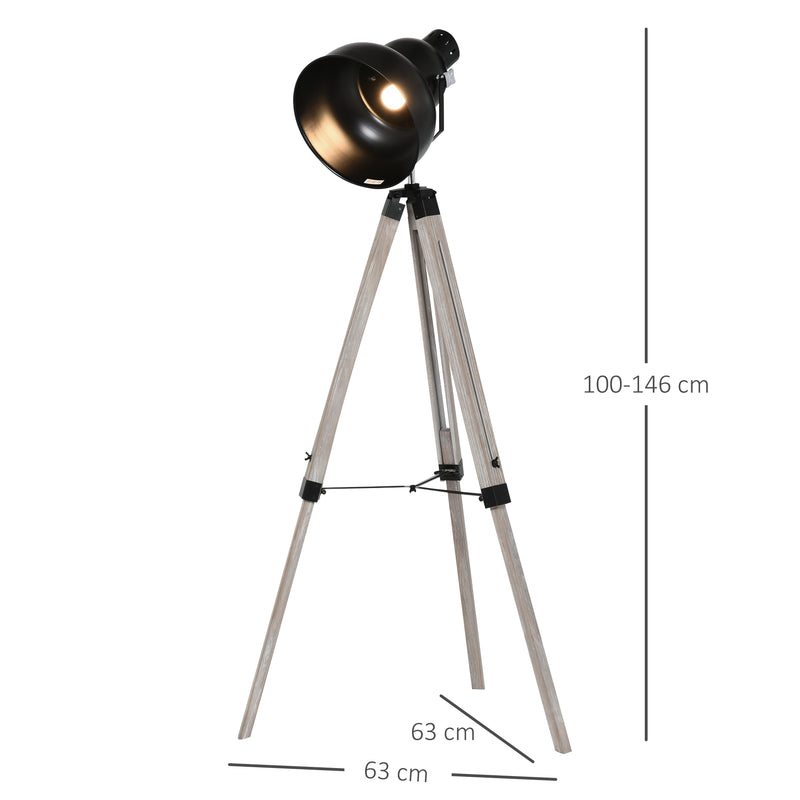 Lampada da Terra Tripode in Legno con Paralume in Metallo 63x63x100-146 cm E27  Nera-3