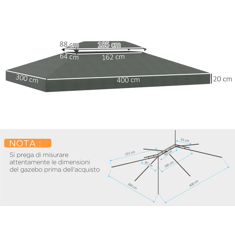 Copertura per Gazebo  a 2 Livelli  con Cinghie e 10 Fori di Drenaggio 4x3m in Poliestere Grigio Scuro-3