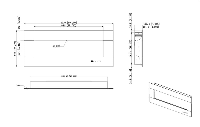 Camino Elettrico da Pavimento 52x127x11,5 cm Effetto Fiamma 1500W Advance-3