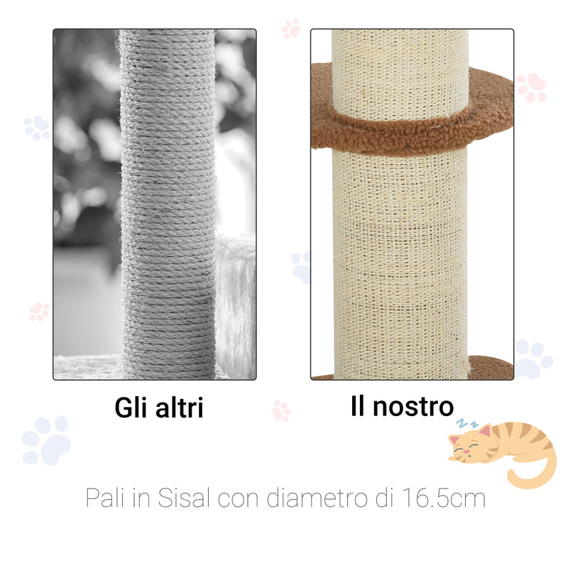 Albero Tiragraffi per Gatti 45x45x91 cm in Corda Sisal Rivestimento Peluche e Pali Marrone-6