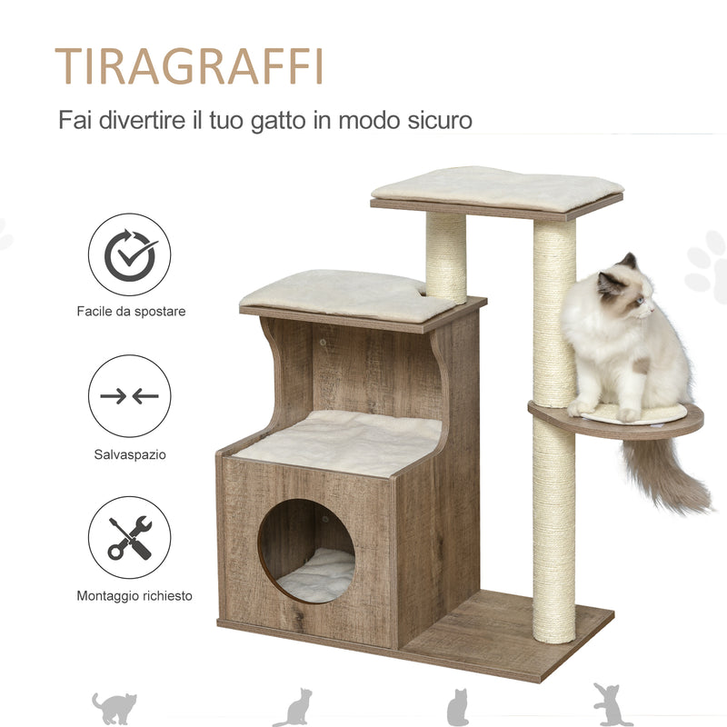 Albero Tiragraffi per Gatti 66x38x88 cm in Legno e Corda Sisal Marrone Chiaro-4