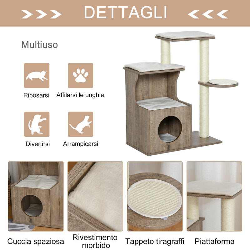 Albero Tiragraffi per Gatti 66x38x88 cm in Legno e Corda Sisal Marrone Chiaro-5