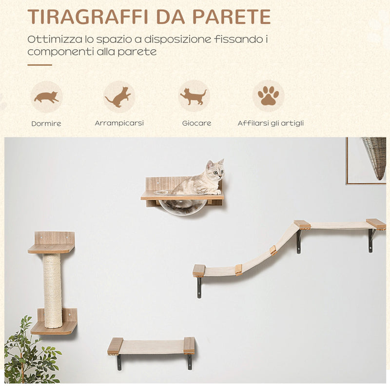 Tiragraffi per Gatti da Parete con Passerella in Legno e Sisal e Amache Marrone-5