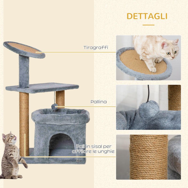 Albero Tiragraffi per Gatti 48x48x100 cm in Corda Sisal Peluche e Feltro  Grigio