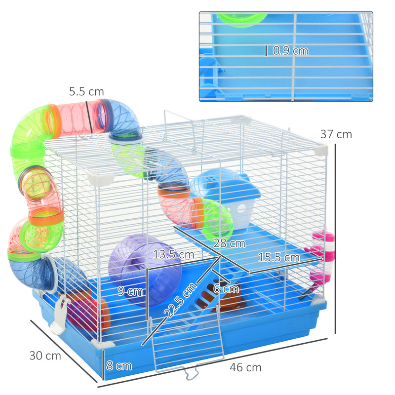 Gabbia per Criceti 2 Livelli 46x30x37 cm con Serbatoio Acqua e Giochi Azzurra-3