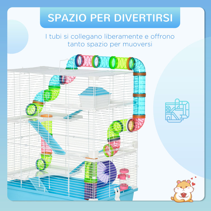 Gabbia per Criceti 5 Livelli 59x36x69 cm con Giochi in Acciaio Azzurro e Bianco-4