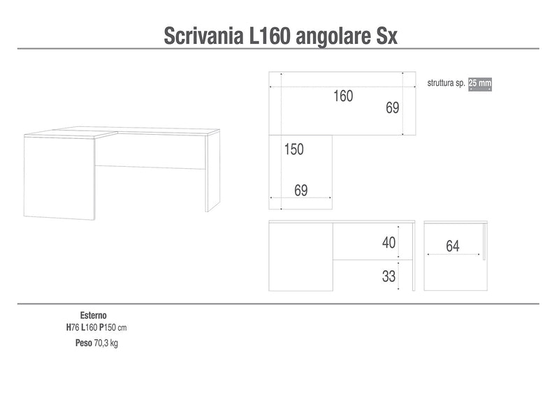 Scrivania angolare cm 160-150 x 69 x h76 allunga sinistra