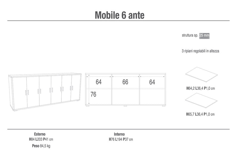 Mobile Basso 6 Ante 203x84x41 cm Cemento-2