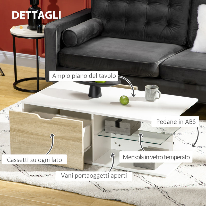 Tavolino da Caffè  106x58x39 cm con Cassetti e Ripiano in Vetro in Truciolato Bianco-6