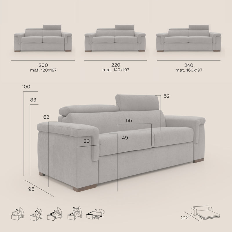 Divano Letto 3 Posti 200x100x95 cm Giunone in Tessuto Rosso-8