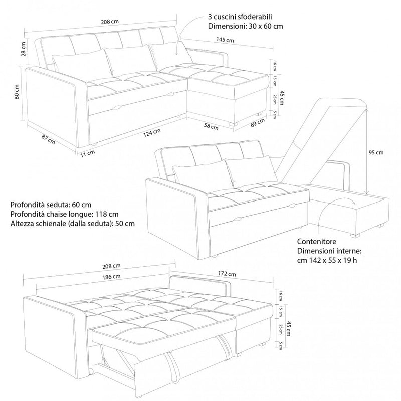 Divano Letto Cedric 208x87/145x88 cm  in Tessuto Tortora-9