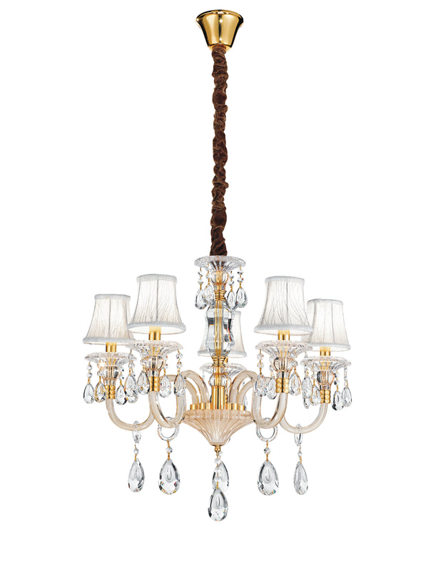 Lampadario Sospeso Oro Gocce Cristallo K9 paralumi Tessuto Decorato Classico E14 sconto