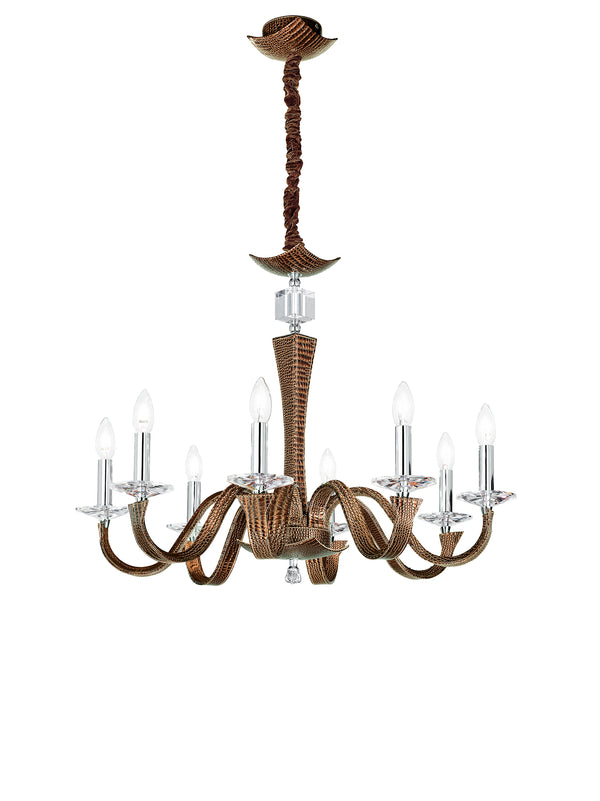 acquista Lampadario Cristallo K9 Finiture Cromate Similpelle Marrone Interni Moderni E14