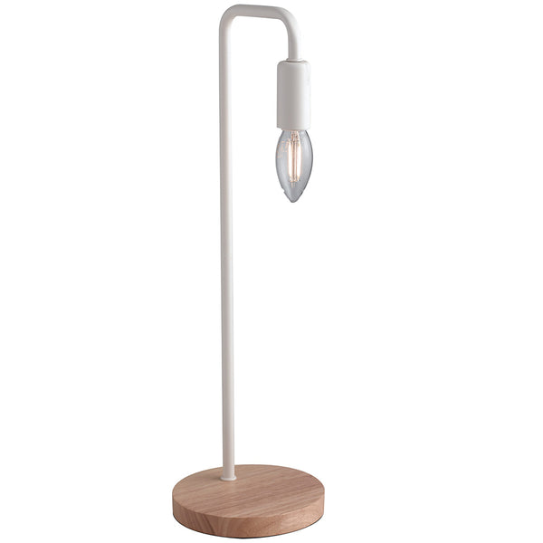 Lampada da Tavolo Minimal Metallo Bianco Base Legno Naturale Moderna Scrivania E14 prezzo