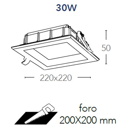 Faretto Quadrato Bianco Satinato Alluminio Pressofuso Incasso Led 30 watt Luce Calda Intec INC-MARK-30C-3