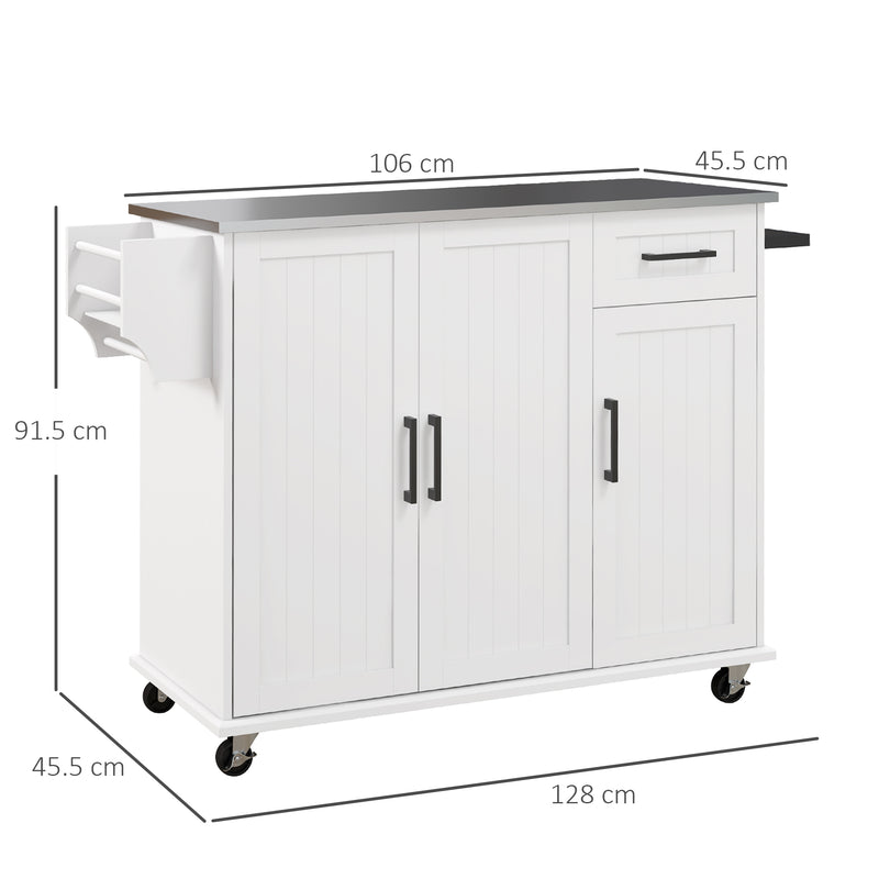 Carrello Isola da Cucina 128x45,5x91,5 cm in MDF e Acciaio Inox Bianco-3