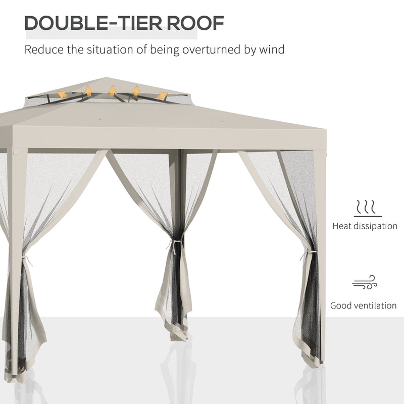 Gazebo da Giardino con Zanzariera Doppio Tetto 3x3m Telaio in Metallo Beige-4