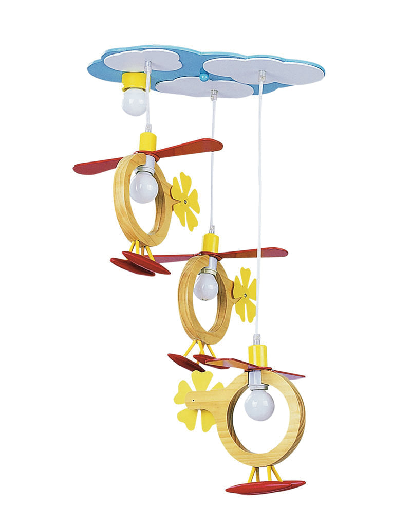 Lampadario 3 Sospensioni Elicottero Legno Cameretta E14 Ambiente K-ELICHE/S3-1