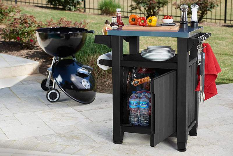 Tavolino da Giardino per Barbecue con Ruote 70x90x54 cm in Resina Keter Unity Antracite-3