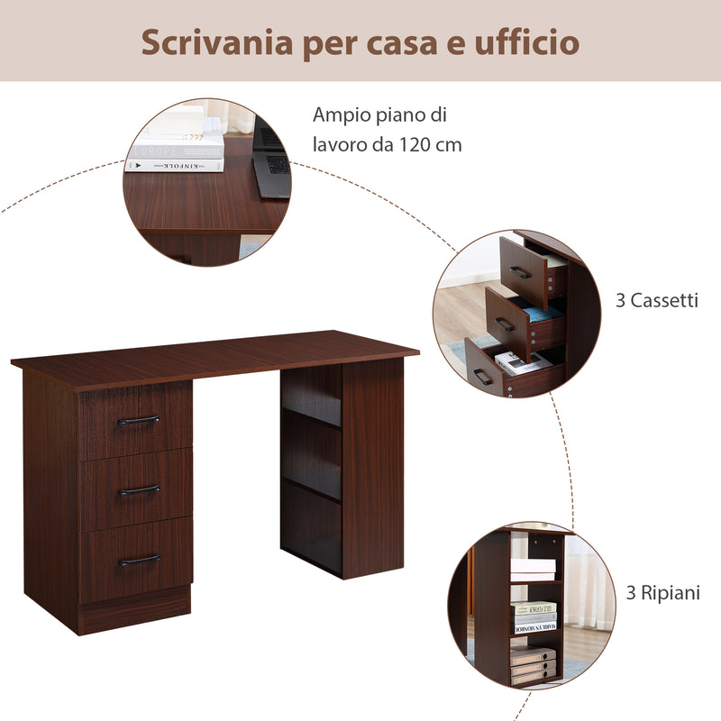 Scrivania Ufficio 3 Cassetti 3 Ripiani 120x49x72 cm in Legno Noce-4