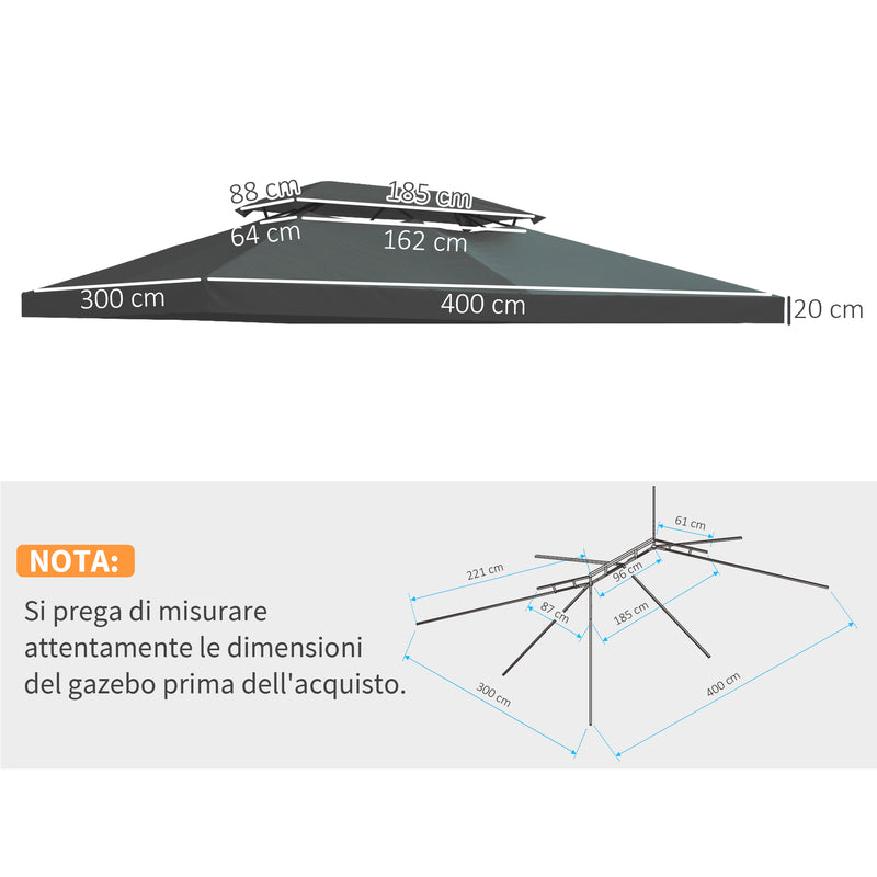 Copertura per Gazebo  a 2 Livelli  con Cinghie e 10 Fori di Drenaggio 4x3m in Poliestere Grigio Antracite-3